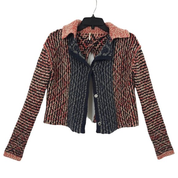 Free People Open Back Sweater Womens S Striped Snap Front Wool Blend Red Black - Picture 2 of 16